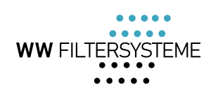 Logo von WW Filtersysteme GmbH. Schriftzug mit nach oben steigenden Punkten, die verschmutze und saubere Luft darstelle, die durch einen Filter läuft