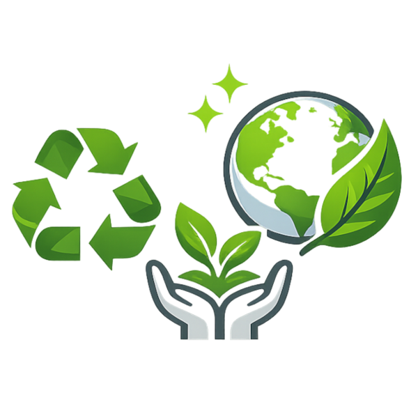 Grüne Symbole für Umweltbewusstsein: Recycling, Erde und Pflanzen in Händen.