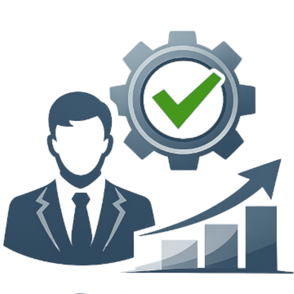 Mann in Anzug mit Zahnradsymbol und aufsteigender Grafik.