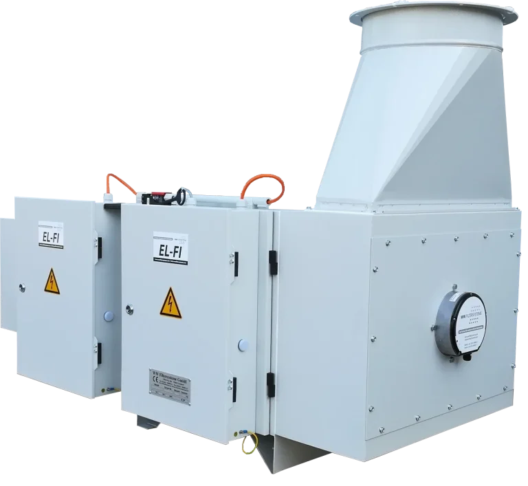 Elektrostatische Filteranlage mit Metallgehäuse und Lüftungsauslass, zur Ölnebelabscheidung